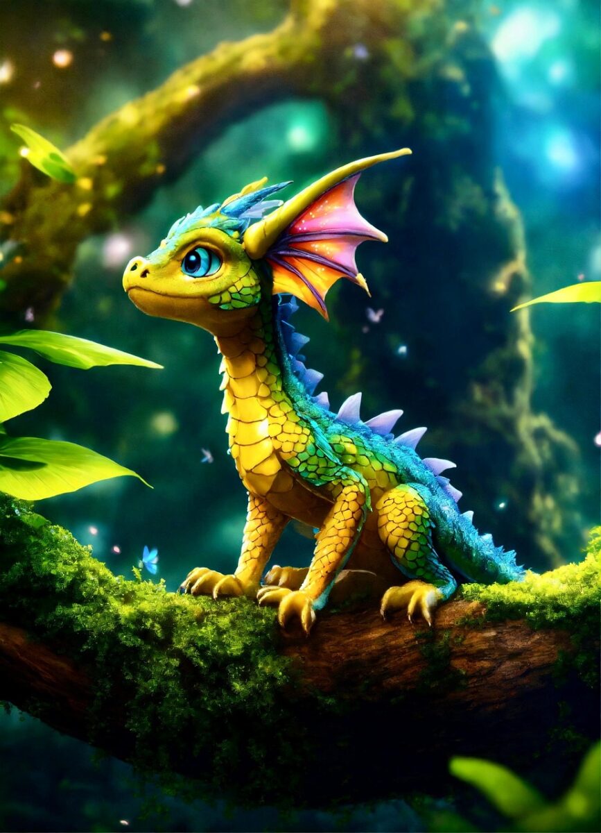 ai generated, nature, baby dragon, fantasy, mythical creature, forest, mystical, dragon
