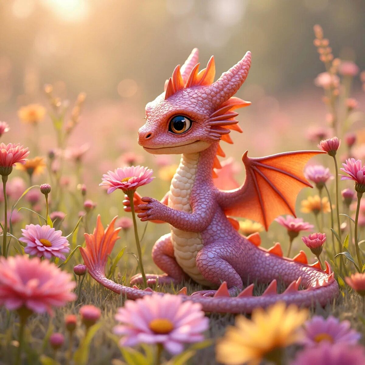 ai generated, baby dragon, dragon, cute, creature, nature, fantasy, flowers