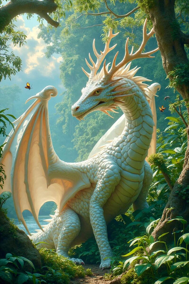 ai generated, white dragon, dragon, pathway, jungle, nature, creature, fantasy
