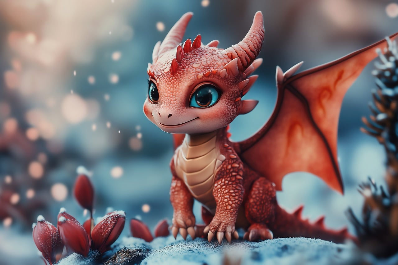 ai generated, dragon, baby dragon, creature, snow, winter, cold, ice, flowers, nature, animated, cartoon, funny, mythical, magical, fantasy, animal, fictional